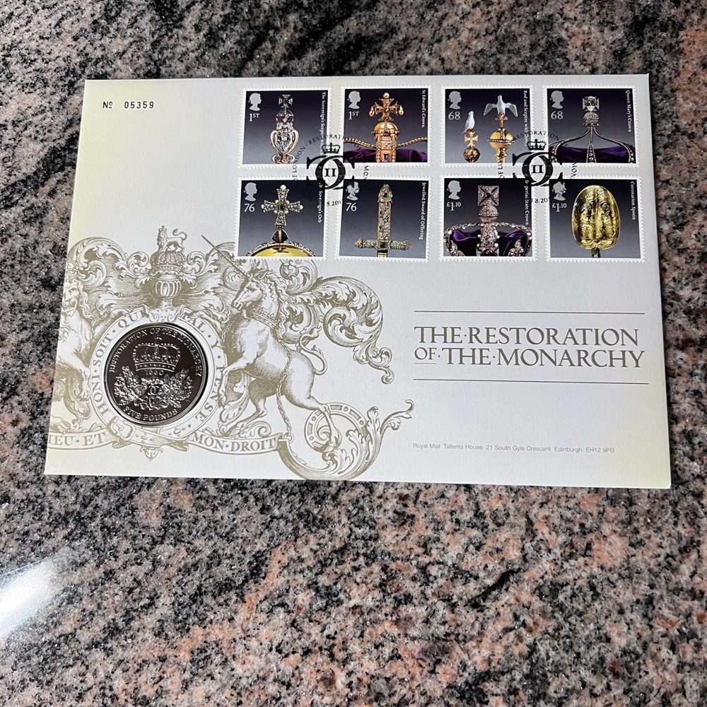 The Restoration of the Monarchy 1st day cover Collection with 5 pounds coin